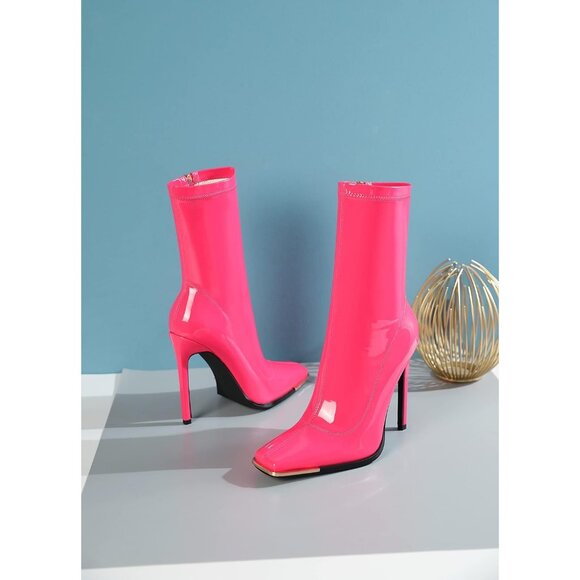 Women's Pink Mid Calf Comfy Square Closed Toe Heel Zipper Short Ankle Boots - Picture 3 of 8